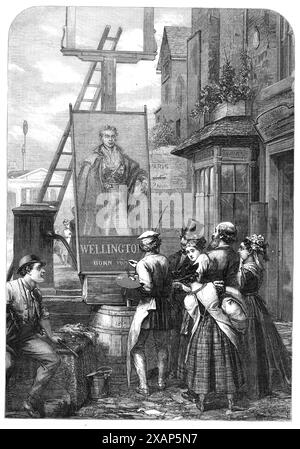 "En commémoration de l'anniversaire du duc", 1869. 'L'incident que M. Friston nous a présenté, dans l'image que nous avons gravée, est celui qui s'expliquera quand le lecteur se rappellera que la date de notre numéro actuel, le 1er mai, est-ce le centième anniversaire de l'anniversaire du grand duc de Wellington... le laps de temps qui a mené sa longue vie à une fin honorée et non intempestive en septembre 1852, a maintenant terminé un siècle entier depuis que le bébé pulsant qui devait soumettre le conquérant de l'Europe pour la première fois reposait dans les bras de son infirmière. Un autre siècle peut passer, et encore un autre..., Banque D'Images