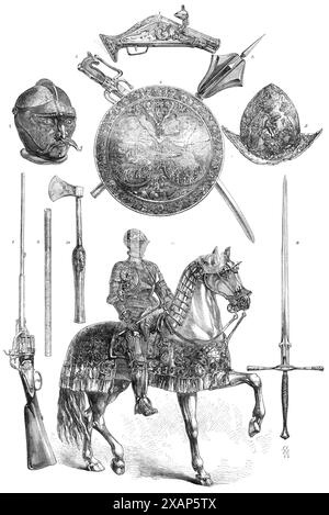 Armes et armures de la collection Meyrick, South Kensington, 1869. Pièces exposées '...in les galeries appartenant au Grand bâtiment d'exposition de 1862...1 : une carabine à l'ancienne très curieuse ; 2 : une épée, avec une poignée de forme particulière ; 3 : la tête d'un partisan ou halberd ; 4 : un casque, avec vizor comme un visage d'homme ; 5: le gorget en acier du duc de Ferrare, décoré en repouss&#xe9 ; oeuvre, doré et damascène ; 6 : le bouclier rond ou cible appartenant autrefois à François Ier de France ; en acier, embossé de sculptures, représentant la retraite des Anglais à Calais, en l'an 1524. Banque D'Images