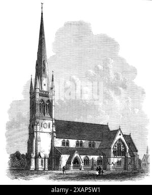 Église de tous les Saints, Sheffield, 1869. 'Notre gravure donne une vue de l'église de tous les Saints, érigée par... Sir John Brown, fondateur et propriétaire de la grande usine Atlas Steel and Iron Works à Sheffield... pour un coût de &#xa3;10.000, y compris son don du site. Le bâtiment est cruciforme dans le plan, avec tour et flèche à l'extrémité ouest. Il est conçu dans un style audacieux et massif, adapté au quartier, et est grand dans tous ses détails et proportions. La hauteur de la flèche est de 190 pieds., soit environ 10 pieds. plus que celui de l'ancienne église paroissiale, et forme dans sa position dominante un très conspicuo Banque D'Images