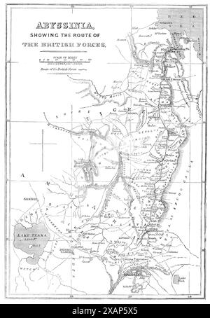 Abyssinie, montrant la route des forces britanniques, 1868. 'Une carte de l'Abyssinie, montrant l'ensemble de la route de l'armée britannique, sous le commandement du général Sir Robert Napier, de son lieu de débarquement à Zulla, dans la baie d'Annesley, à sa destination à la forteresse de Magdala... Un chemin de fer est achevé de Zulla à Koomaylee, six miles 576 yards; et une autre longueur de cinq miles 184 yards est maintenant en construction. La ligne télégraphique est terminée de Zulla à Adigerat, sur une distance de 101 miles, et est en cours de route vers Antalo. Le Secrétaire d'État pour l'Inde a reçu le télégramme suivant de Sir R. Na Banque D'Images