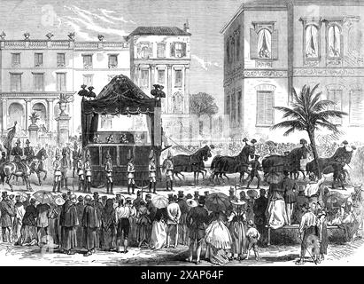 Cortège funèbre du défunt roi de Bavière à Nice : le cort&#xe9;GE quittant la Villa Lions, 1868. 'Avant de régner, [Louis I. (Charles Auguste)] manifestait peu de goût pour les affaires politiques, et se consacrait à la culture des beaux-arts, vivant même parcimonieusement pour obtenir les moyens d'accumuler des objets de virtu... à la mort de son père, [en] 1825, il accéda au trône, et au début, il s'est montré désireux de gouverner libéralement. Cependant, à partir de 1830, il poursuit une politique réactionnaire. En 1846, à l'âge de soixante ans, il s'épris de la célèbre danseuse Lola Banque D'Images