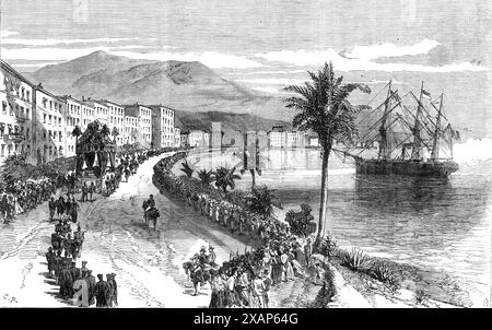 Cortège funèbre du défunt roi de Bavière à Nice : le cort&#xe9;GE passant le long de la Promenade des Anglais, 1868. 'Avant de régner, [Louis I. (Charles Auguste)] manifestait peu de goût pour les affaires politiques, et se consacrait à la culture des beaux-arts, vivant même parcimonieusement pour obtenir les moyens d'accumuler des objets de virtu... à la mort de son père, [en] 1825, il accéda au trône, et au début, il s'est montré désireux de gouverner libéralement. Cependant, à partir de 1830, il poursuit une politique réactionnaire. En 1846, à l'âge de soixante ans, il s'épris de la célébra Banque D'Images