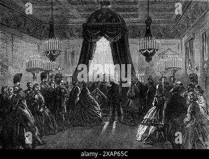 Funérailles du défunt roi des Belges : le corps en état au Palais Royal de Bruxelles - d'après un croquis de notre artiste spécial, 1865. '...les Bruxellois et les autres visiteurs ont été admis à voir les restes du roi [Léopold Ier]. Une des salles du Palais de Bruxelles, le grand salon jaune, au premier étage, avait été transformée en chapelle ardente. Il était recouvert de noir, et sur les tapisseries étaient exposées les armes de Belgique et les armes du roi. Les lustres ont été dissimulés avec le crapage, et la seule lumière que la salle a reçue était celle de milliers de ta Banque D'Images