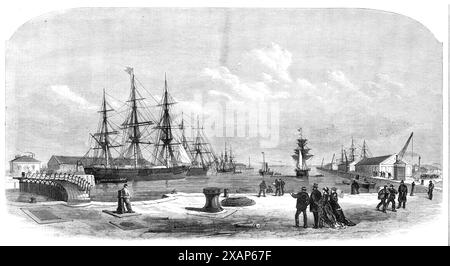 Vue générale des nouveaux quais a Millwall, 1868. Vue sur le quai construit par la Millwall Freehold Land and Docks Company, '...le plus grand dans le port de Londres, étant de 450 pieds. long et 80 pieds large, et ayant une profondeur de 28 pieds. au milieu. La cale sèche n'est pas beaucoup plus petite. Les entrepôts construits sur les quais tout autour, avec leurs grues puissantes, les machines à vapeur et les machines pour ouvrir ou fermer les portes des quais, sont tout aussi remarquables. Les ingénieurs étaient messieurs Fowler et Wilson ; les entrepreneurs pour les quais étaient messieurs Kelk et Aird ; pour les moteurs et les machines messieurs Armstrong Banque D'Images