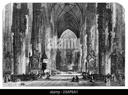 Intérieur de Stephen's, Vienne, par S. Read, 1868. Gravure d'un dessin aquarelle. '...nous ne pourrions offrir rien de plus intéressant, probablement, à l'intérieur de la majestueuse domkirche, ou cathédrale, de Vienne que les remarques que le professeur Fergusson a faites dans son dernier grand ouvrage sur l'histoire de l'architecture..."les trois allées sont presque égales en largeur et en hauteur; il n'y a pas de clerestory, pas de triforium. Il y a deux très grandes fenêtres dans chaque baie. Les piliers sont recouverts de sculptures plus remarquables pour sa richesse que pour sa pertinence, et la trace des voûtes est très Banque D'Images