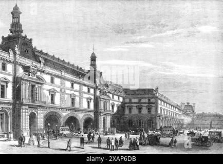 Nouveaux bâtiments des Tuileries [Palais] sur la place du Carrousel, [Paris], 1869. 'La reconstruction de l'aile sud des Tuileries... approche rapidement de son achèvement... les deux pavillons surmontés de campaniles ouverts et ornés de statues allégoriques et d'une infinité de riches sculptures sont les pavillons Lesdigui&#xe8;RES et la tr&#xe9;mouille, les passerelles arquées sous lesquelles sont appropriées aux piétons passant par et vers le quai, tandis que les arcs plus grands, entre les deux tours, sont mis à part pour les voitures. Une longue galerie au-dessus relie les Tuileries et le Louvre ; et Banque D'Images