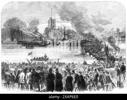 Oxford and Cambridge Universities Boat-Race : The start from Putney, [South London], 1869. Match d'aviron sur la Tamise entre les deux équipages universitaires d'Oxford et de Cambridge, qui «... a abouti une fois de plus à la victoire du bateau d'Oxford - pour la neuvième fois en tant d'années successives... la marée était une marée douce, et trois quarts de plus; le chemin de remorquage du côté du Surrey était bondé de gens ; treize grands bateaux à vapeur et huit remorqueurs à vapeur, avec plusieurs yachts privés, et des centaines de bateaux à rames et de wherries, se trouvaient près de l'aqueduc ; parmi ceux-ci se trouvaient le bateau à vapeur Lotus, le bateau de l'arbitre, wi Banque D'Images