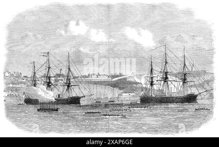 Régate de bateaux de la flotte de la Manche à Lisbonne, 1869. Gravure d'un croquis du sous-lieutenant F. Eardley Wilmot, du H.M.S. Minotaur. « La flotte était ancrée sur deux lignes parallèles, à une extrémité desquelles le Minotaure et le H.M.S. Penelope se trouvaient côte à côte. Le parcours était d'environ un mile et demi de long, commençant à partir d'un bateau ancré au large du château de Belem et, se trouvant entre les deux lignes de navires, se terminant entre le Penelope et le Minotaure. Le croquis, tiré du Minotaure, montre la terre sur le côté sud de la rivière, et le Penélope et Bellérophon au mouillage. Le Penelope est le navire au L. Banque D'Images