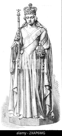 Statue de la Reine à la cathédrale de Canterbury, 1869. '...le porche élaboré du sud-ouest et l'ensemble de l'extrémité ouest sont remplis de niches pour statues. Ces niches, jusqu'en l'an 1862, restaient vides ; mais à cette époque, un mouvement a été initié par le doyen pour les remplir de figures historiques de rois, reines, archevêques, et d'autres personnalités éminentes liées à la cathédrale. Le coût devait être pris en charge par abonnement privé - Mr. Pfyffers, le sculpteur,... Après avoir entrepris les chiffres à un coût de &#xa3;24 chacun... dans la face ouest de la cathédrale se trouvent deux niches de chaque côté du d Banque D'Images