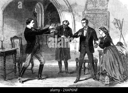 Scène de "No Thoroughfare", au théâtre Adelphi, 1868. Production scénique de Londres. 'Nous vous présentons cette semaine la scène finale de "No Thoroughfare", dans laquelle Obenreizer se trouve dépassé par la vraie et simple honnêteté de ceux qu'il pensait accueillir par sa ruse. La fraîcheur avec laquelle il avait poursuivi sa carrière jusqu'à ce point cède la place, et il est contraint, comme les gens moins réservés, de permettre l'énoncé de ses sentiments réels, bien que loin d'être agréable pour lui-même ou pour les autres. Sa passion ouvre maintenant les lieux sombres de sa disposition, et son appel à Margue Banque D'Images