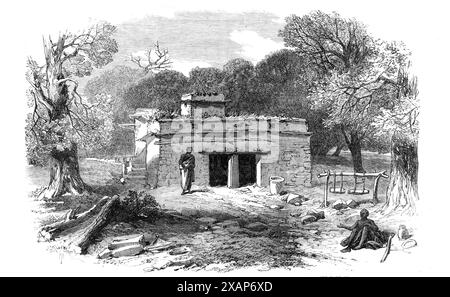 L'expédition britannique en Abyssinie : vue de face de l'église de Miriam, à Focada, 1868. Miriam est le mot généralement utilisé en Orient pour Marie, et beaucoup d'églises dans ce pays lui sont dédiées... toutes les églises ici sont fondées sur l'arrangement du Tabernacle et du Temple, avec trois divisions ou cours. L'église de Focada [en Ethiopie] a une inclosure ou Temnos, avec quelques vieux arbres en elle formant un bosquet. Dans le dessin de l'avant on verra les pierres suspendues par des cordes, qui sont utilisées comme cloches. Les deux portes mènent à la cour extérieure, appelée Kunyaymalt. Le Banque D'Images