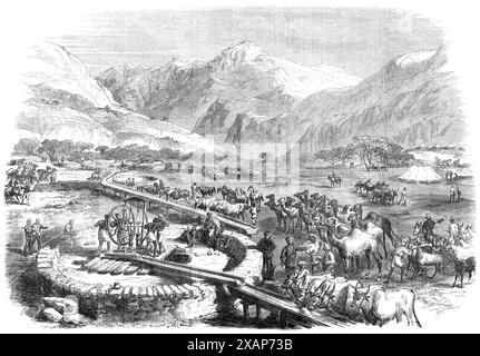 L'expédition britannique en Abyssinie : abreuvoir pour le transport des animaux à l'entrée du col de Koomaylee, 1868. 'Une abondante réserve d'eau a été obtenue à cet endroit en creusant des puits et en pompant. Les pompes d'aspiration et de chaîne sont utilisées... sept mille animaux pourraient être arrosés chaque jour, si nécessaire. On demande à un groupe de travail de travailler la pompe, et en changeant les hommes, on maintient un courant continu d'eau pure et claire. Ceci est conduit, au moyen de gouttières en bois, le long d'un espace considérable... les animaux... sont très difficiles à gérer, car ils s'excitent au bruit de l'eau, Banque D'Images