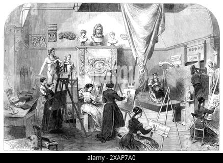 The Female School of Art, Queen-Square [à Londres] : The Life Class, 1868. Vue de '...une séance du modèle vivant en costume. Cette chambre, mesurant 47 pieds de long par 26 pieds. Large, est bien éclairé et soigneusement meublé avec des moulages de l'antiquité... plus de 120 étudiants sont sur les livres, et jusqu'à 150 pourraient être logés. L'école est la seule consacrée exclusivement à l'éducation des femmes dans l'art, et mérite la visite de ceux qui s'intéressent à l'avancement de l'éducation artistique chez les femmes... le nombre considérable d'œuvres dans l'exposition actuelle de l'Académie par des contributrices féminines, et le Banque D'Images