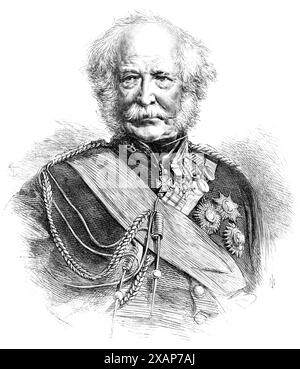 Feu le maréchal Lord Gough, 1869. Gravure d'une photographie de Maull et Co. 'à treize ans, Hugh Gough a obtenu une commission dans le régiment de son père...[il a servi] dans le 87th (Royal Irish Fusiliers) dans les Antilles, et [était] présent à l'attaque de Porto Rico et à la capture du Surinam, et en Lucia...in 1809, il a été envoyé dans la péninsule pour rejoindre l'armée sous le duc de Wellington... dans la bataille de Talavera, il a été grièvement blessé sur le côté par un obus alors qu'il chargeait l'ennemi, et son cheval a été abattu sous lui... il s'est rendu en Inde afin de prendre la comm Banque D'Images