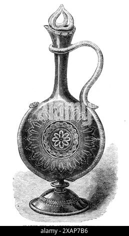 The Loan Collection, South Kensington Museum : carafe en verre vert et blanc ornée d'or, (français moderne), 1868. Tiré de "Illustrated London News", 1868. Banque D'Images