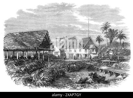 Le palais de justice temporaire de Morant Bay, Jamaïque, 1865. Gravure tirée d'un croquis du quartier-maître T. J. Mills '... des bâtiments... où les cours martiales ont tenu leurs séances, avec le hangar dans lequel les prisonniers étaient enfermés... et la maison qui forme la résidence temporaire du major-général O'Connor, commandant en chef des troupes en Jamaica...in à l'arrière de la vue. C'est ici que la plupart de ces procès sommaires et exécutions ont eu lieu, dont le juge est remis en question par de nombreuses personnes en Angleterre... la Cour suprême a tenu ses séances dans cette partie du Doub Banque D'Images