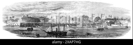 La ville de Cameta, au para, Amérique du Sud, 1868. « La province brésilienne de para, qui se trouve au sud du grand estuaire de l'Amazonie, est en train de devenir un pays d'une grande importance commerciale. L'un des fleuves qui se jettent dans le même estuaire et qui ont été ouverts aux navires marchands étrangers en septembre dernier est le Tocantins, avec la ville de Cameta sur ses rives. Il a été visité en août par H.M.S. Sharpshooter [de la Royal Navy britannique], et nous devons remercier Mr. C. Raxworthy, de ce navire, pour la vue de Cameta gravée dans ce numéro. Tiré de "Illustrated London News", 1868. Banque D'Images