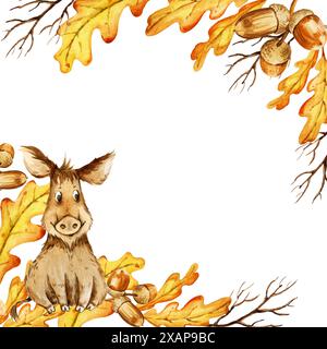 aquarelle, dessin animé, feuilles et graines d'automne, illustration faite à la main de feuilles et d'acornes de chêne jaune et orange, croquis isolé sur bac blanc Banque D'Images