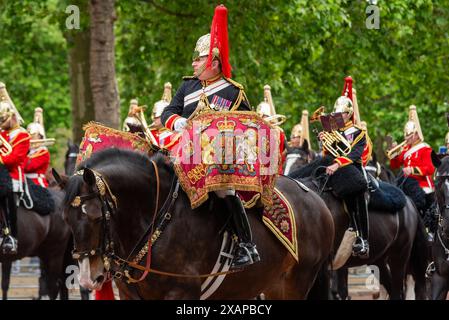 The Mall, Westminster, Londres, Royaume-Uni. 8 juin 2024. Trooping the Colour aura lieu le 15 juin. L'examen est une évaluation finale du défilé militaire avant que l'événement complet ait lieu la semaine prochaine. Les troupes passèrent le Mall pour la revue de Horse Guards Parade, avant de revenir. The Mounted Band of the Household Cavalry, Blues & Royals Banque D'Images