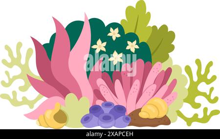 Paysage de forêt d'algues magiques vectorielles. Concept de monde sous-marin de conte de fées avec coquillages et coraux. Illustration de la nature marine fantastique. Ta fée mignonne Illustration de Vecteur