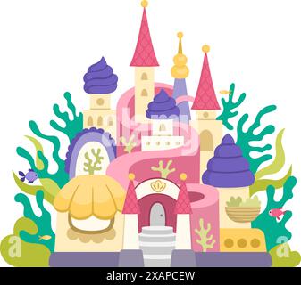 Château de sirène de vecteur avec des algues, des coquillages, des poissons. Fantaisie icône du palais de princesse sous-marin avec des tours, des drapeaux, des dômes violets. Conte de fées Ocean girl hous Illustration de Vecteur