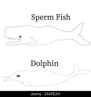 Illustration d'art de ligne de poissons de sperme et de poissons de dauphin sur fond blanc Illustration de Vecteur