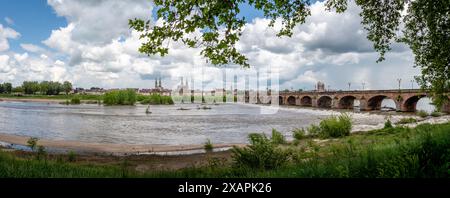 Vue panoramique sur les rives de l'Allier avec le pont des Régemortes et la ville de Moulins, France en arrière-plan Banque D'Images