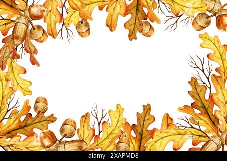 cadre horizontal aquarelle avec des feuilles et des graines de chêne d'automne, illustration dessinée à la main de feuilles et de glands de chêne jaune et brun, croquis isolé sur wh Banque D'Images