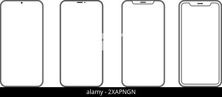 Définissez de haute qualité réaliste différents modèles de smartphone noir avec icône de vue avant de l'écran tactile vide. Illustration de Vecteur