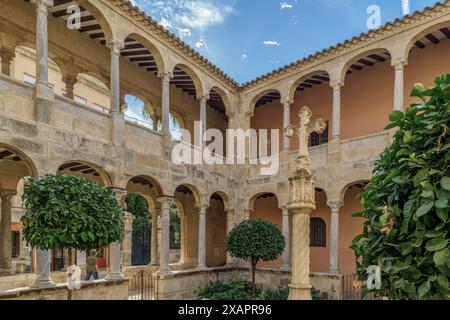 Cloître Renaissance de la cathédrale avec une croix de terminus du 20ème siècle dans le centre-ville d'Orihuela, Alicante, Communauté valencienne, Espagne, Europe Banque D'Images