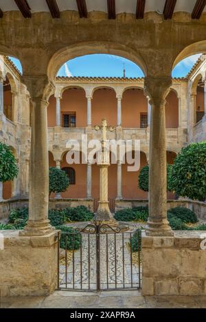 Cloître Renaissance de la cathédrale avec une croix de terminus du 20ème siècle dans le centre-ville d'Orihuela, Alicante, Communauté valencienne, Espagne, Europe Banque D'Images