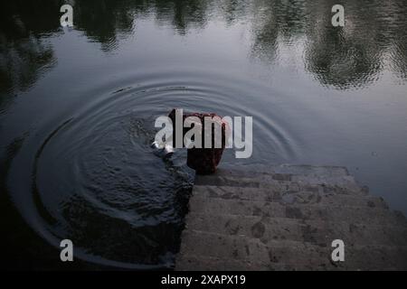 8 juin 2024, Dhaka, Dhaka, BANGLADESH : une femme bangladaise collecte de l'eau potable à partir d'une source d'eau douce, marchant un long chemin pour recueillir de l'eau potable dans la zone côtière de Khulna, au Bangladesh. Selon une étude de l’American Geophysical Union, l’élévation du niveau de la mer, qui affecte la disponibilité de l’eau potable, entraînera la migration d’environ 1,3 millions de personnes à travers le pays d’ici 2050. Une combinaison d'inondations dues aux marées, d'inondations dues aux ondes de tempête et d'intrusion d'eau salée entraîne une augmentation de la salinité dans les eaux souterraines et les étangs d'eau douce, causant une augmentation de la salinité du dr Banque D'Images