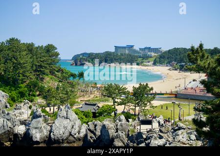 Donghae City, Corée du Sud - 18 mai 2024 : la paisible plage de Chuam s'étend le long de la côte avec le luxueux sol Beach Resort perché sur le Banque D'Images