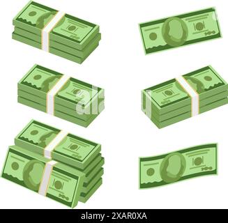 Tas d'argent dans le style 3d de dessin animé. Ensemble de différents paquets de billets d'un dollar. Dollars verts isométriques, profit, vecteur Illustration de Vecteur