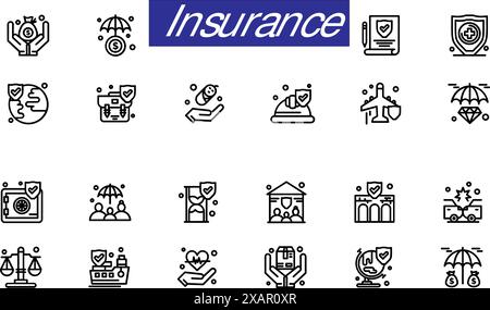 Icônes de ligne fine d'assurance définies. Collection de symboles de trait modifiables d'assurance. Vie, voiture, Maison, soins Illustration de Vecteur