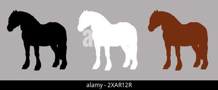 Silhouette noire, blanche et marron du cheval de trait. Dessin équin. Banque D'Images