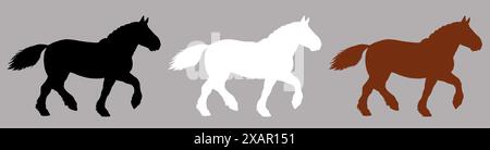 Silhouette noire, blanche et marron du cheval de trait. Dessin équin. Banque D'Images