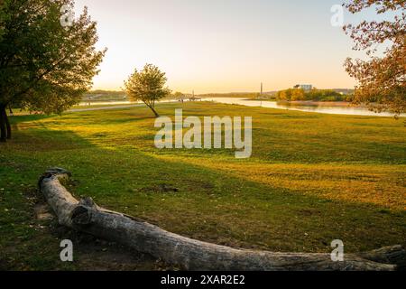 Lituanie, paysage naturel de bifurcation de ruisseau de neris et de l'eau de la rivière neman dans le parc santakos dans la ville de kaunas au coucher du soleil en été Banque D'Images