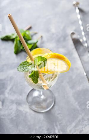 Cocktail Hugo Spritz avec fleur de sureau et citron sur fond gris, boisson Spritz tendance Banque D'Images