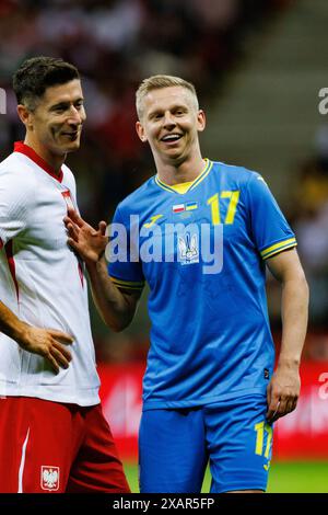 Varsovie, Pologne. 07 juin 2024. Robert Lewandowski (à gauche) de Pologne et Oleksandr Zinchenko (à droite) d'Ukraine vus lors des amitiés internationales entre la Pologne et l'Ukraine au PGE Narodowy. Score final ; Pologne 3:1 Ukraine. (Photo de Maciej Rogowski/SOPA images/Sipa USA) crédit : Sipa USA/Alamy Live News Banque D'Images