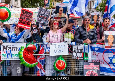 The Strand, Londres, Royaume-Uni. 8 juin 2024. Les citoyens britanniques de toutes confessions s'unissent contre le terrorisme et l'extrémisme lors de la contre-protestation contre la montée de la haine et le soutien ouvert aux organisations terroristes, récupèrent la pastèque et célèbrent la nouvelle du sauvetage de 4 des otages capturés lors du massacre de 7/10. Crédit : Amanda Rose/Alamy Live News Banque D'Images