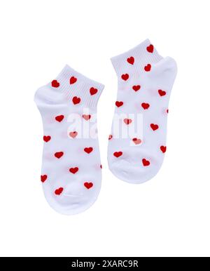 Chaussettes blanches avec motif isolé sur fond blanc. Banque D'Images