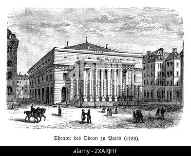 Le Théâtre de l'Odéon à Paris, un élégant exemple d'architecture néoclassique. La façade du théâtre est soulignée par ses lignes épurées et symétriques et ses détails classiques, tels que le portique à colonnes et le fronton. À l'intérieur, il est réputé pour sa riche histoire culturelle, ayant accueilli de nombreuses productions théâtrales parmi les plus prestigieuses de France. Cette gravure capture magnifiquement l'essence d'un lieu historique qui est une pierre angulaire de la vie culturelle française depuis la fin du XVIIIe siècle Banque D'Images