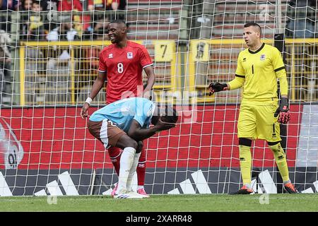 Bruxelles, Belgique. 08 juin 2024. Le belge Amadou Onana réagit lors d'un match amical entre l'équipe nationale belge de football Red Devils et l'équipe nationale du Luxembourg, au stade Roi Baudouin (stade Roi Baudouin - Koning Boudewijnstadion), à Bruxelles, samedi 08 juin 2024. Les Red Devils se préparent pour les prochains Championnats d'Europe Euro 2024 en Allemagne. BELGA PHOTO BRUNO FAHY crédit : Belga News Agency/Alamy Live News Banque D'Images
