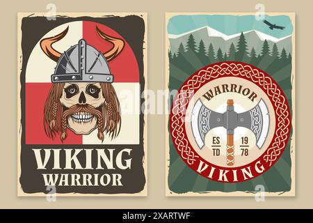 Ensemble de posters rétro guerrier viking. Illustration vectorielle. Flyer, brochure, modèle de bannière avec un viking en casque avec arme médiévale à double hache Illustration de Vecteur