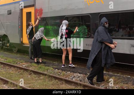 Manifestanti occupano i binari della stazione di Porta Nuova durante il corteo cittadino per il Cessate il Fuoco a Gaza - tous les yeux tournés vers Rafah a Torino, Italie. Samedi 8 giugno 2024 - les manifestants occupent les chemins de fer de la gare de porta Nuova pendant la manifestation pour le cessez-le-feu à Gaza - tous les yeux tournés vers Rafah à Turin, en Italie. Samedi 8 juin 2024 (photo Matteo SECCI/LaPresse) crédit : LaPresse/Alamy Live News Banque D'Images