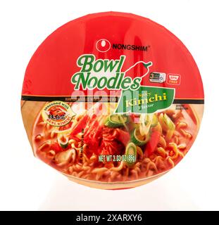 Winneconne, WI - 27 avril 2024 : un paquet de nouilles Nongshim bol kimchi épicé sur un fond isolé. Banque D'Images