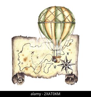 Voyages et aventures. Ballon vintage avec un panier et une vieille carte de l'île au trésor. Une illustration d'aquarelle dessinée à la main. Mettez-le en surbrillance. Pour un bann Banque D'Images