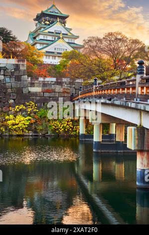 Osaka, Japon au donjon principal du château d'Osaka en automne. Banque D'Images