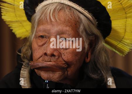 Cacique Raoni Metuktire, chef indigène du groupe ethnique Kayapo, portrait à la semaine de l'environnement - Rio de Janeiro, Brésil 06.06.2024 Banque D'Images